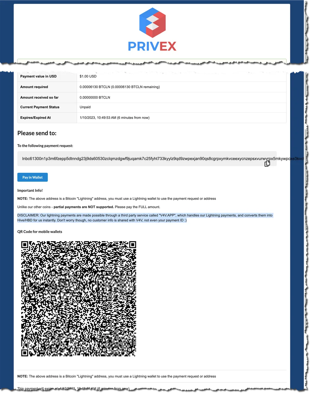 Privex Invoice page for Lightning