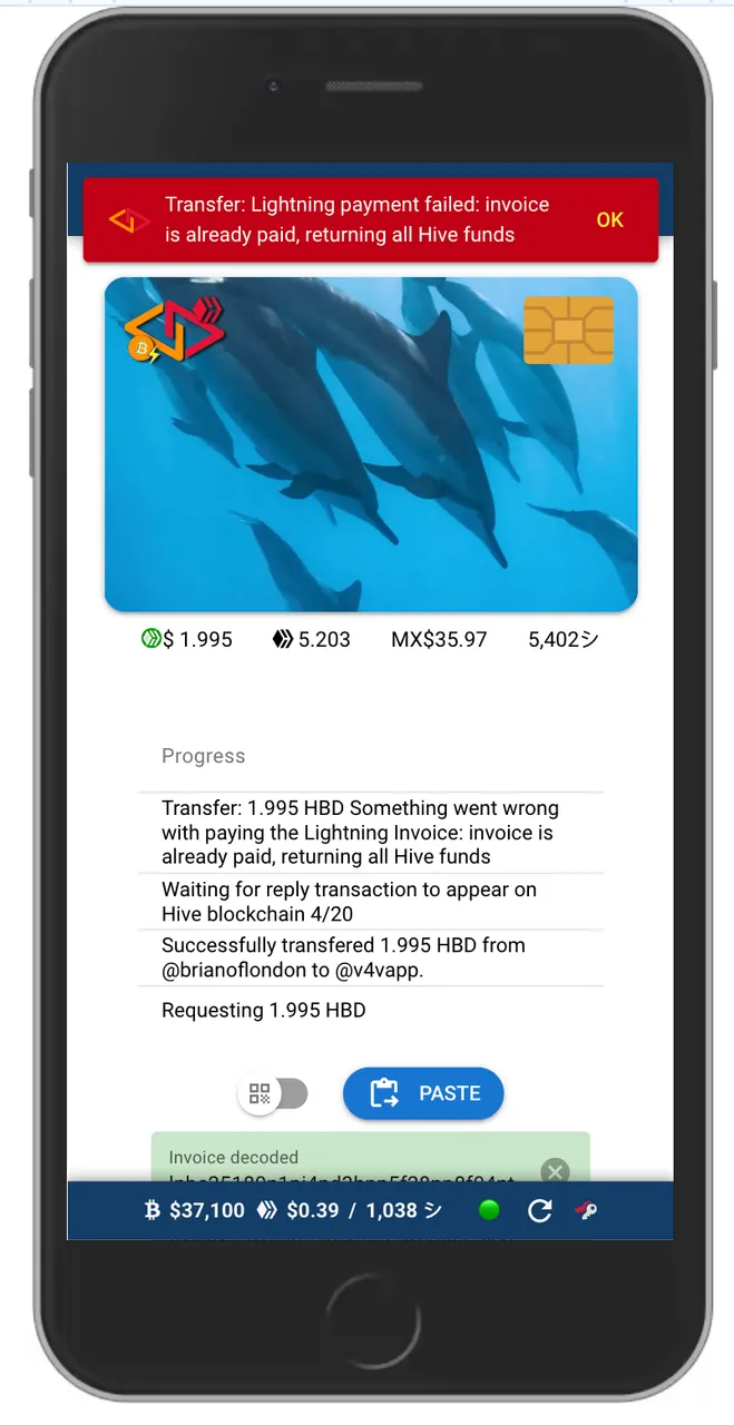 Something went wrong with paying the Lightning Invoice: invoice is already paid, returning all Hive funds