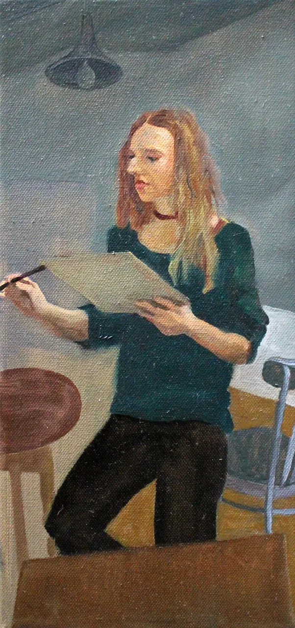 Emilia Garbień, W pracowni nr III, olej na płótnie, 40 × 20, 2019, rgb.jpg