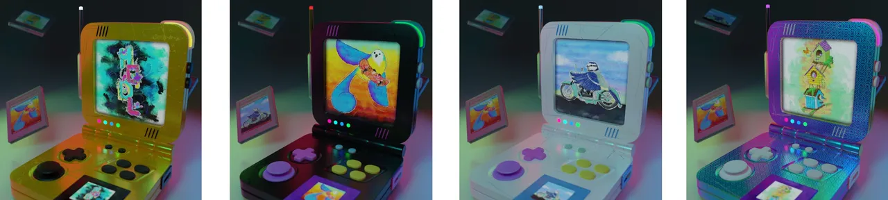 Fabi Yamada's NFT series of ARTifact 3D retro gaming devices displaying her whimsical bird series is available at NeftyBlocks https://neftyblocks.com/c/artvndngmchn/blends