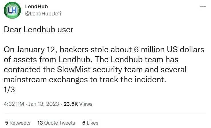 LendHub is in touch with mainstream crypto exchanges and the SlowMist security team to locate and recover the stolen funds.jpg