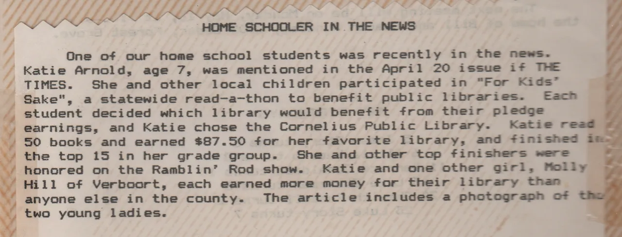 1988-04-20 - Molly Hill, Katie Arnold, county winners - 80 books read, state-wide For Kids Sake read-a-thon 2.jpg
