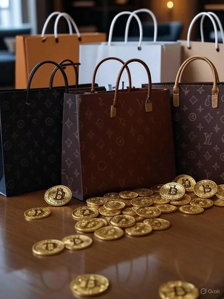  "image of shopping bags, surrounded by Bitcoin, generate by Grok"