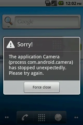 Sorry! The application Camera has stopped unexpectedly. Please try again.