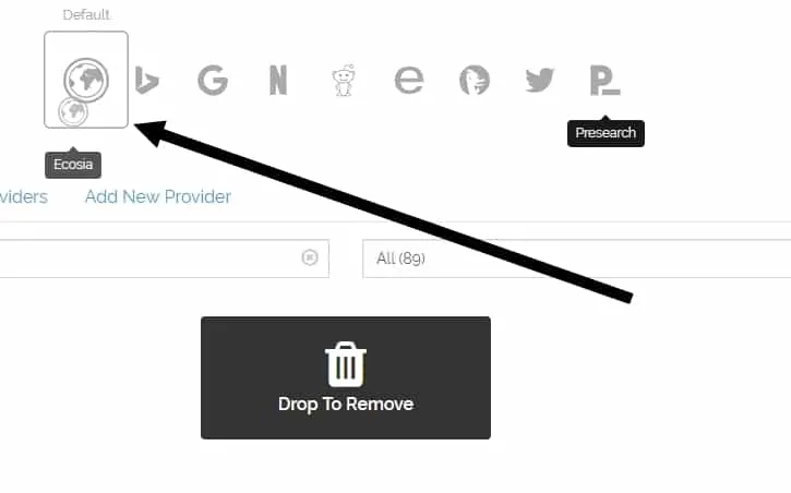 I am dragging the Ecosia icon to the left which will make it the default search solution in Presearch.