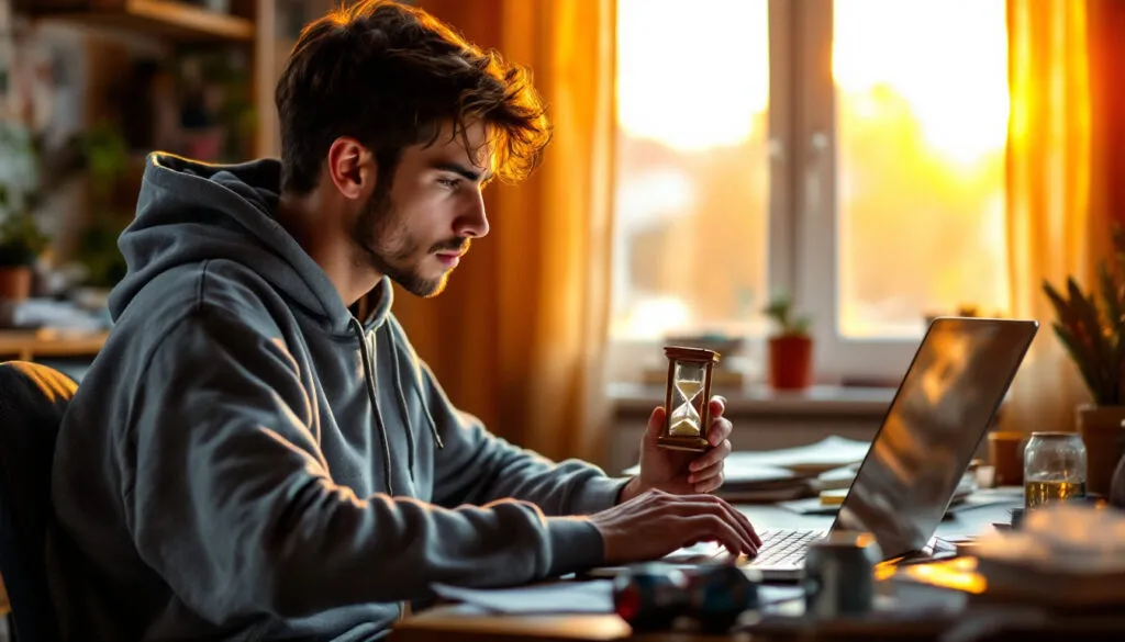 a college guy student holding an hour glass and typing on his laptop at his table in front of a window with sunset