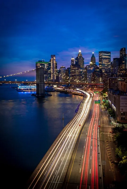 blue hour fdr drive on manhattan bridge long exposure night photo