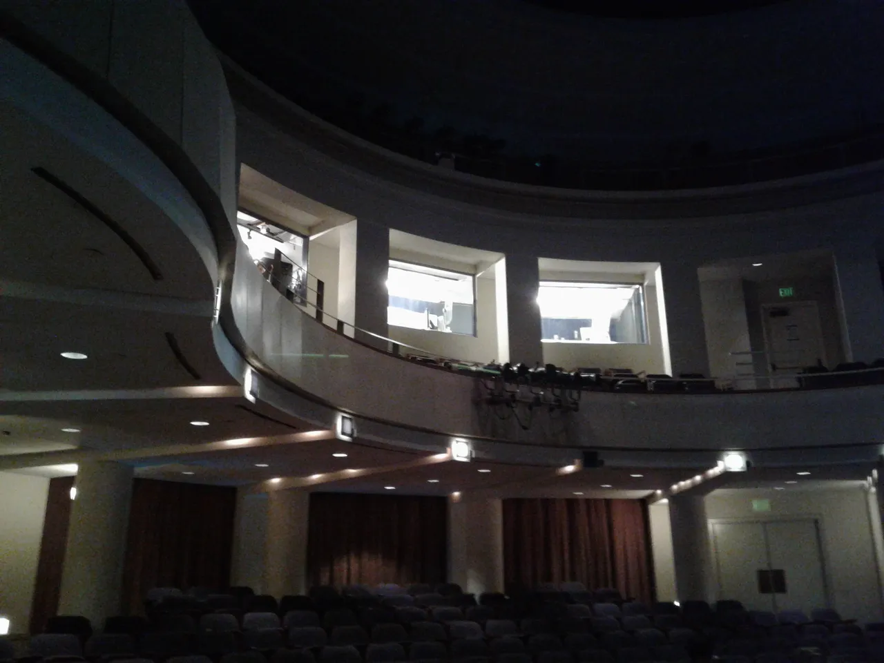 The control booth, atypically illuminated from within.