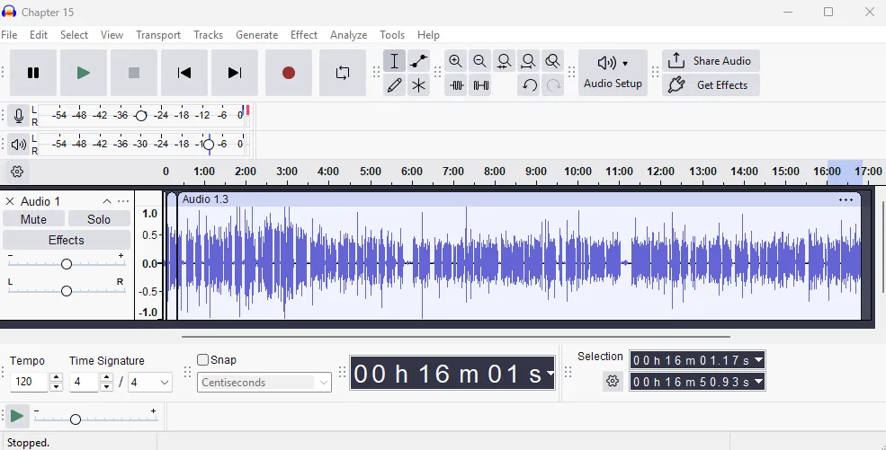 An image of the Audacity Panel for a recording in progress of Chapter 15 of the Digital Community Manifesto