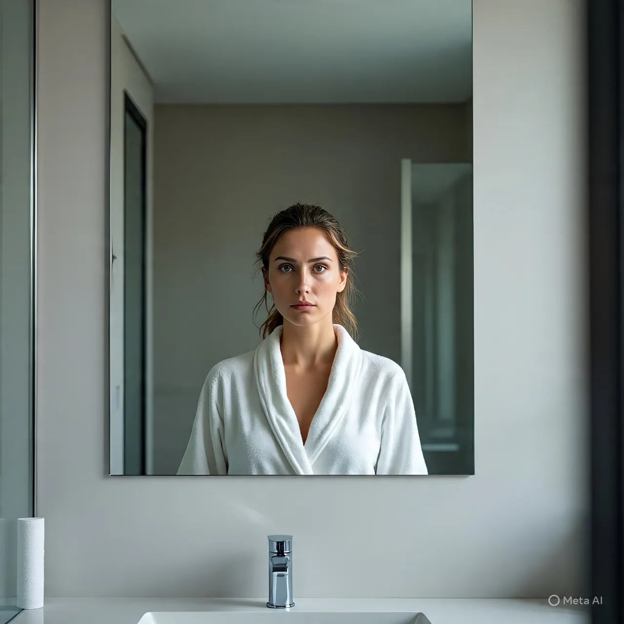 Nina staring at her reflection in the bathroom mirror