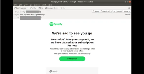 Spotify phishing attack email