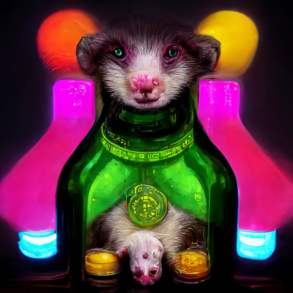 alcoholic ferret in a tavern, countermeasures facets style, neon colours, glyph accents, hyper detail, left-right symmetry