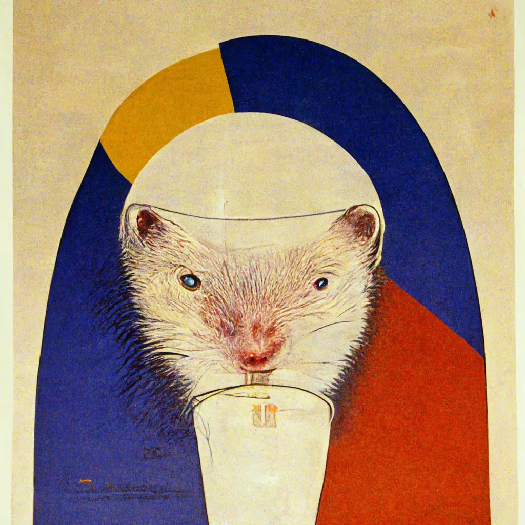 poster of an alcoholic ferret portrait, bauhaus, moebius