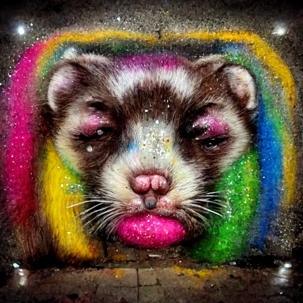 alcoholic ferret, in the style of street art, smeared glitter, colorful