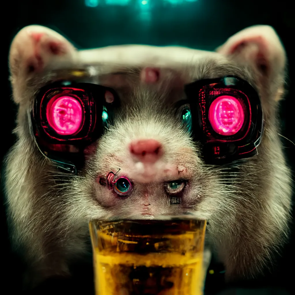 cyberpunk alcoholic ferret, photo realistic, cinematic, high octane, large eyes