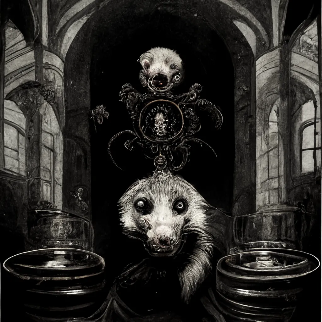 full page scan of 1800s detailed concept art of alcoholic ferret, baroque style, rococo, occult, dark art, illustration, symmetry, decay, post apocaliptic, desaturated, 8K matte, concept art