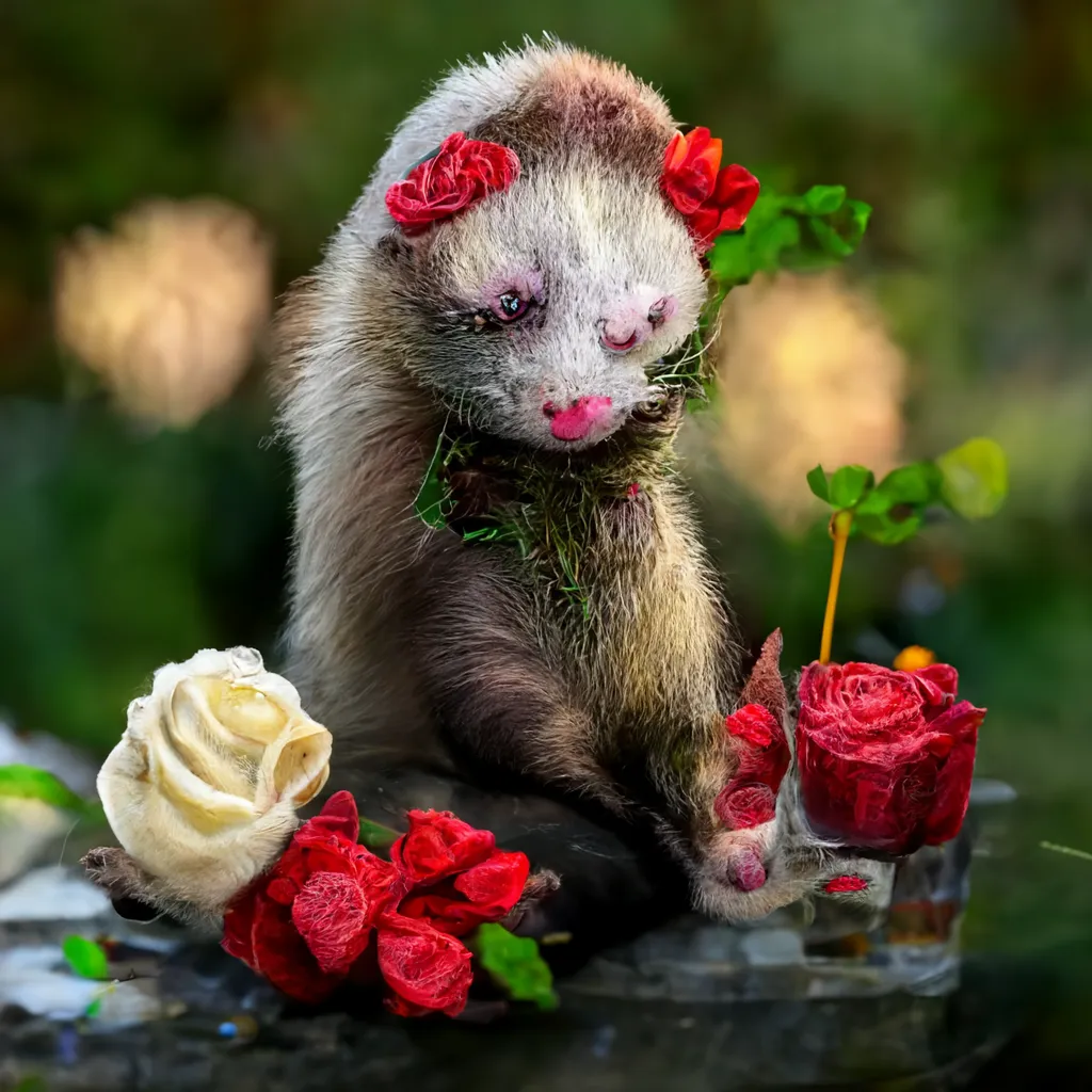 alcoholic ferret sitting on a rose in a garden, highly detailed, 4k hdr, by Renee