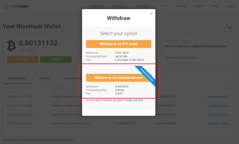 NiceHash Withdraw Coinbase