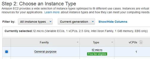 select the general purpose t2 micro vps