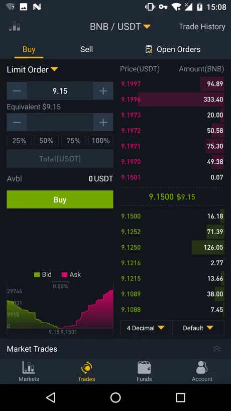 Binance Android app trades tab.