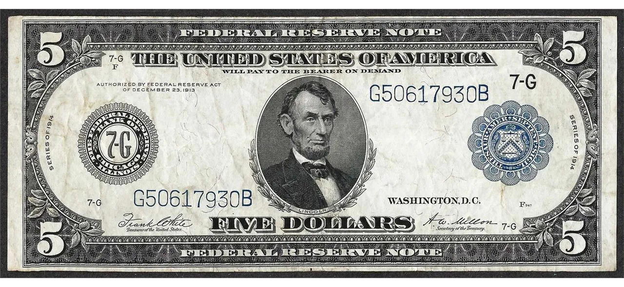 1914 - Greenback Money Five Dollars 5 - Federal Reserve, Abraham Lincoln Abe 31601494_1.jpg
