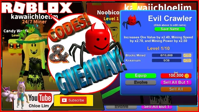 Roblox Mining Simulator Gameplay! GIFTS Update! 4 NEW CODES! 5 Evil Crawler Giveaway! LOUD WARNING!