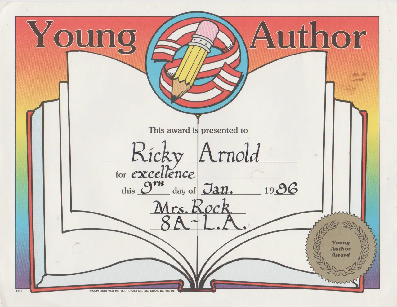 1996-01-09 - Tuesday - Ricky Arnold, Language Arts Award.png