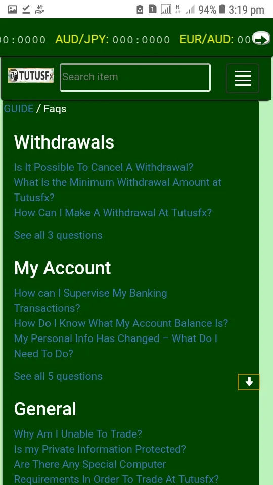 Frequently Asked Questions page on Tutusfx
