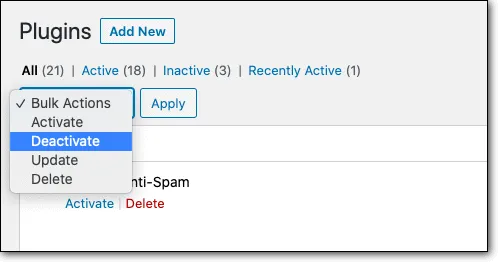 Deactivate plugins on wp dashboard