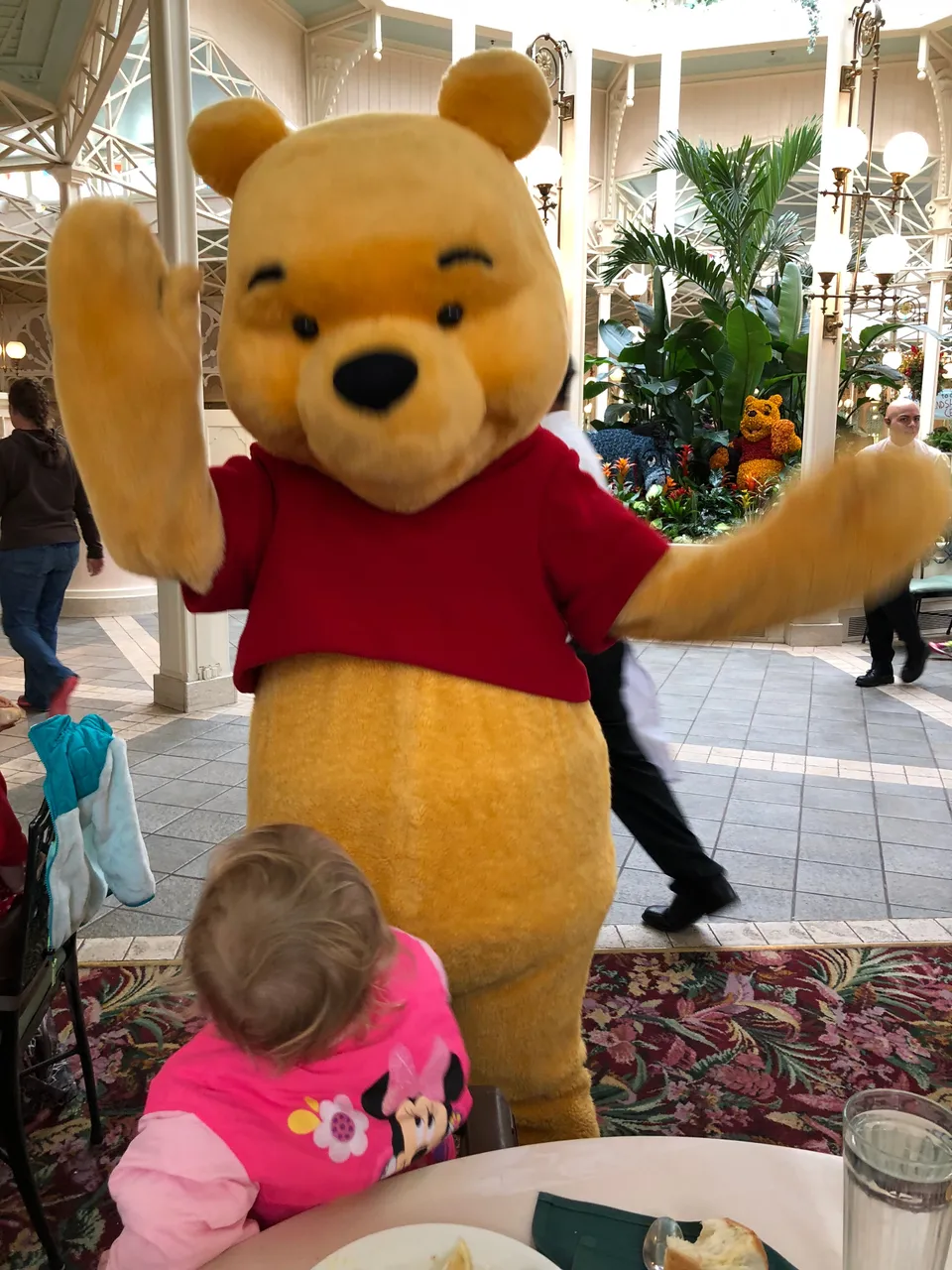 Winnie the Pooh fist bump with explosion Lunch Buffet in Walt Disney World at Crystal Palace!.jpg