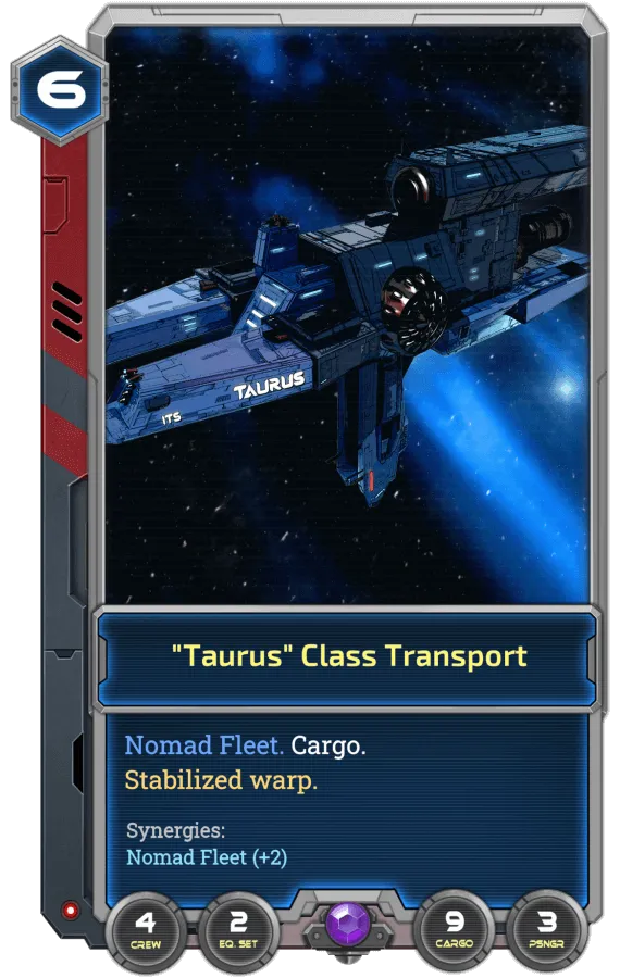 The Taurus Transport is a Nomad Fleet ship and uses their special 'Stabilized Warp' technology that allows cargo crates to not hinder your hyperspace chances.