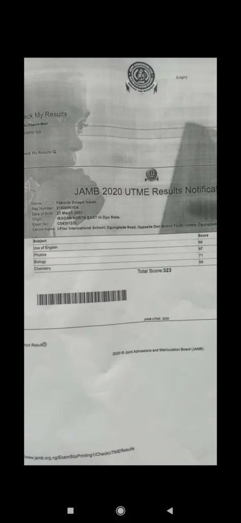 picture of original jamb result