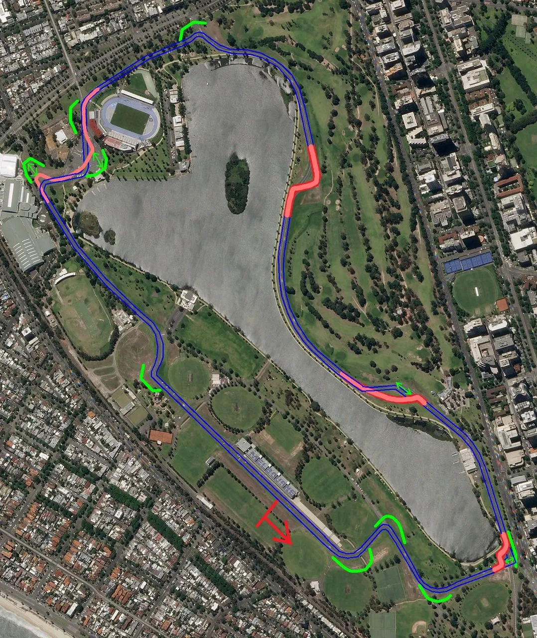 Albert Park Melbourne Australia en reversa Backwards F1 sentido contrario.jpg