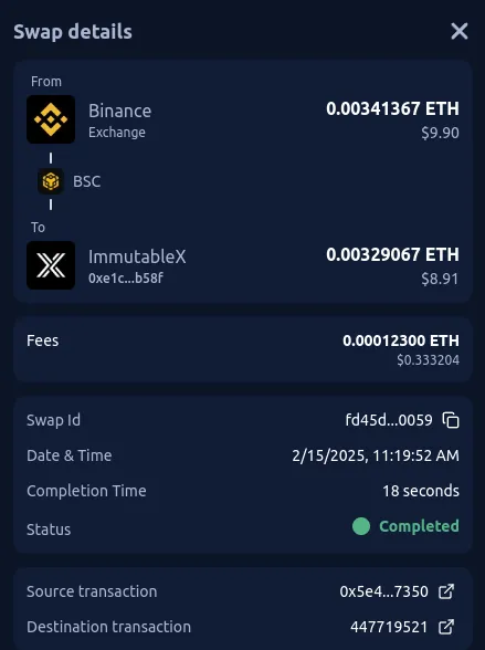 Swap confirmation screen on https://layerswap.io/app/transactions