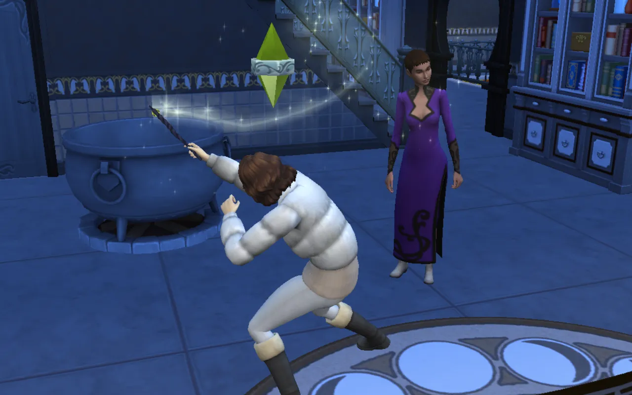 My sim making a spell to turn Jasmine into...