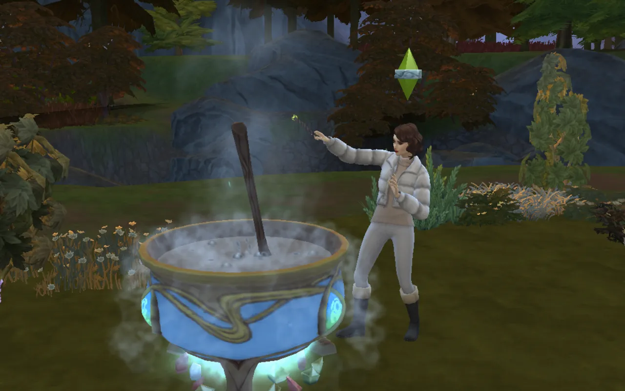 My sim trying out a new mix in the cauldron.