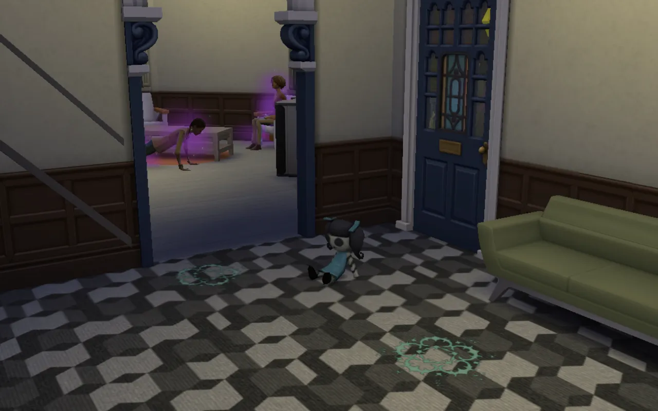 How it looks at a haunted house. These scary dolls arrives and this weird signs at the floor. Your sim have to remove them to complete the job.
