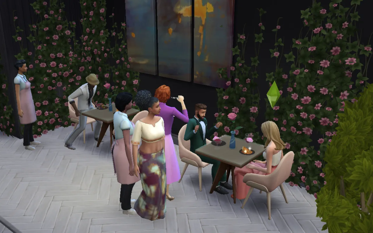 This is from one of my restaurants, that you will find in my gallery (Emmaloe). As you can see people that are in the restaurant are standing all over (and the employe wont work), and those at the next table aren't eating sitting down at the table. My sims in this pictures are sitting down here, but that won't also long!