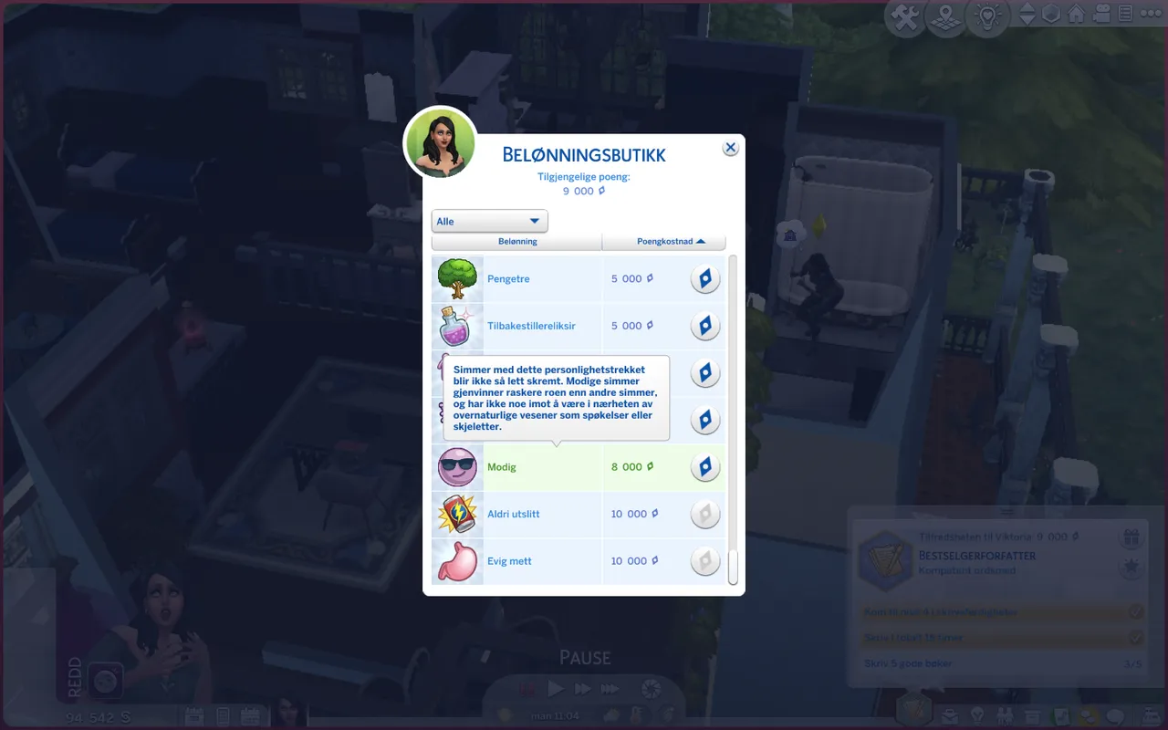 Picture showing me buying to be brave, while my sim is scared because she have seen a ghost.