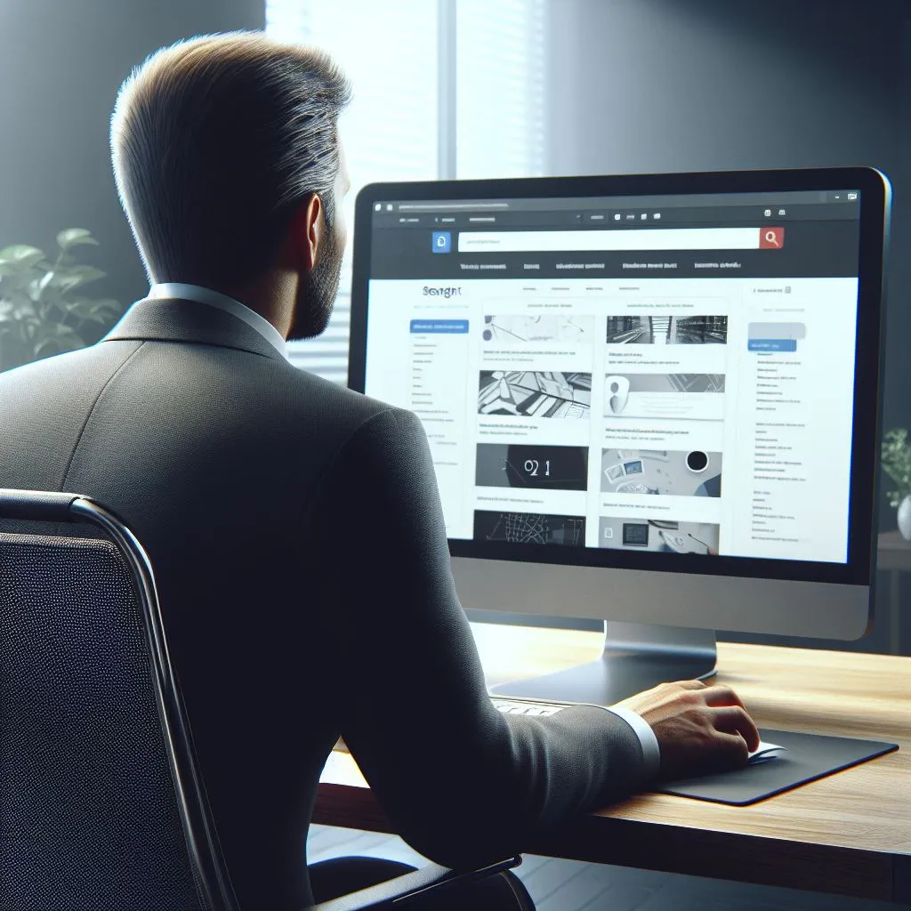 A photorealistic image of a 45-year-old man seen from behind, actively searching for information on his computer. The screen displays website designs on a search engine.