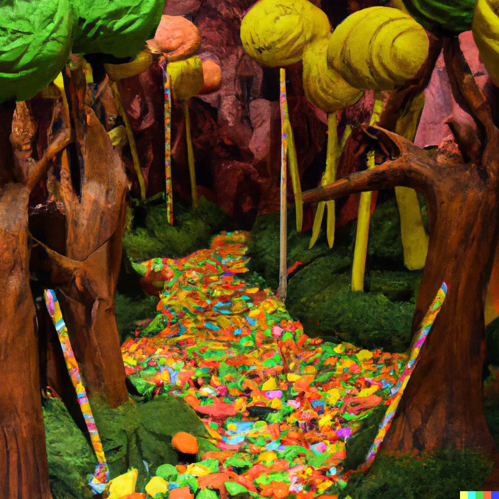 DALL·E 2023-02-06 00.43.10 - A forest made of candy and sweets, where tree-sized lollipops provide shade and rivers made of syrup flow through the underbrush..png