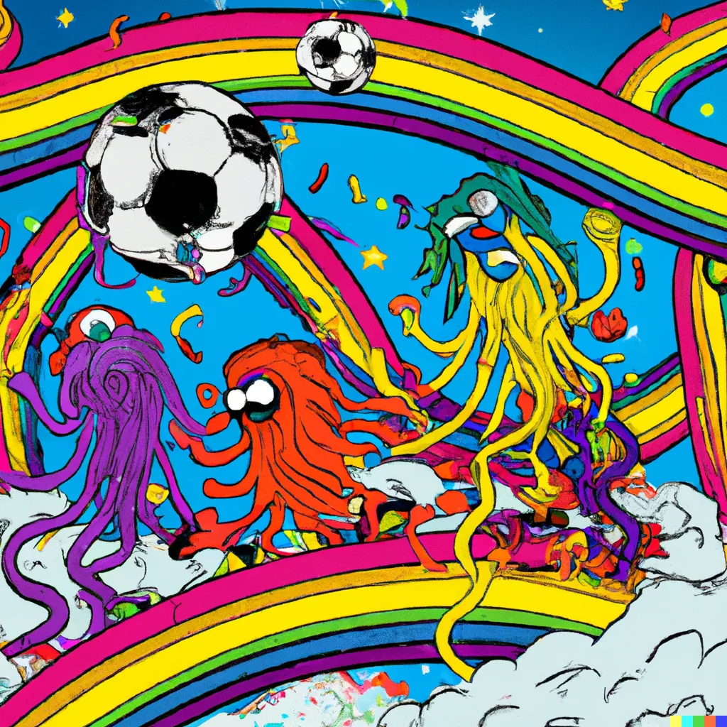 DALL·E 2023-02-06 00.13.51 - Spaghetti monsters playing soccer on a rainbow cotton candy planet with bouncing eyeball fans..png