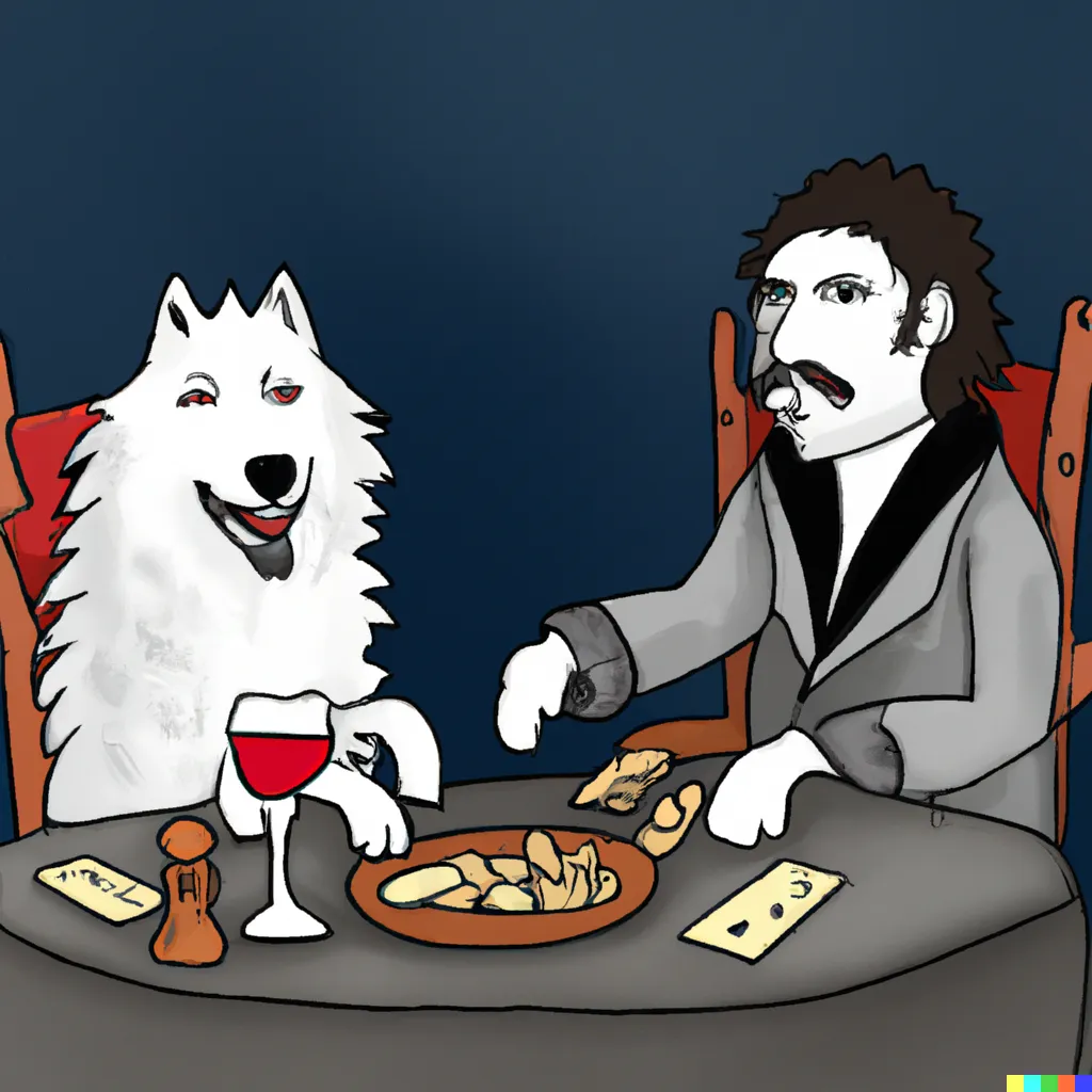 DALL·E 2022-10-02 21.16.06 - jon snow playing poker with his white red eyed wolf while eating some french fries and having some wine.png