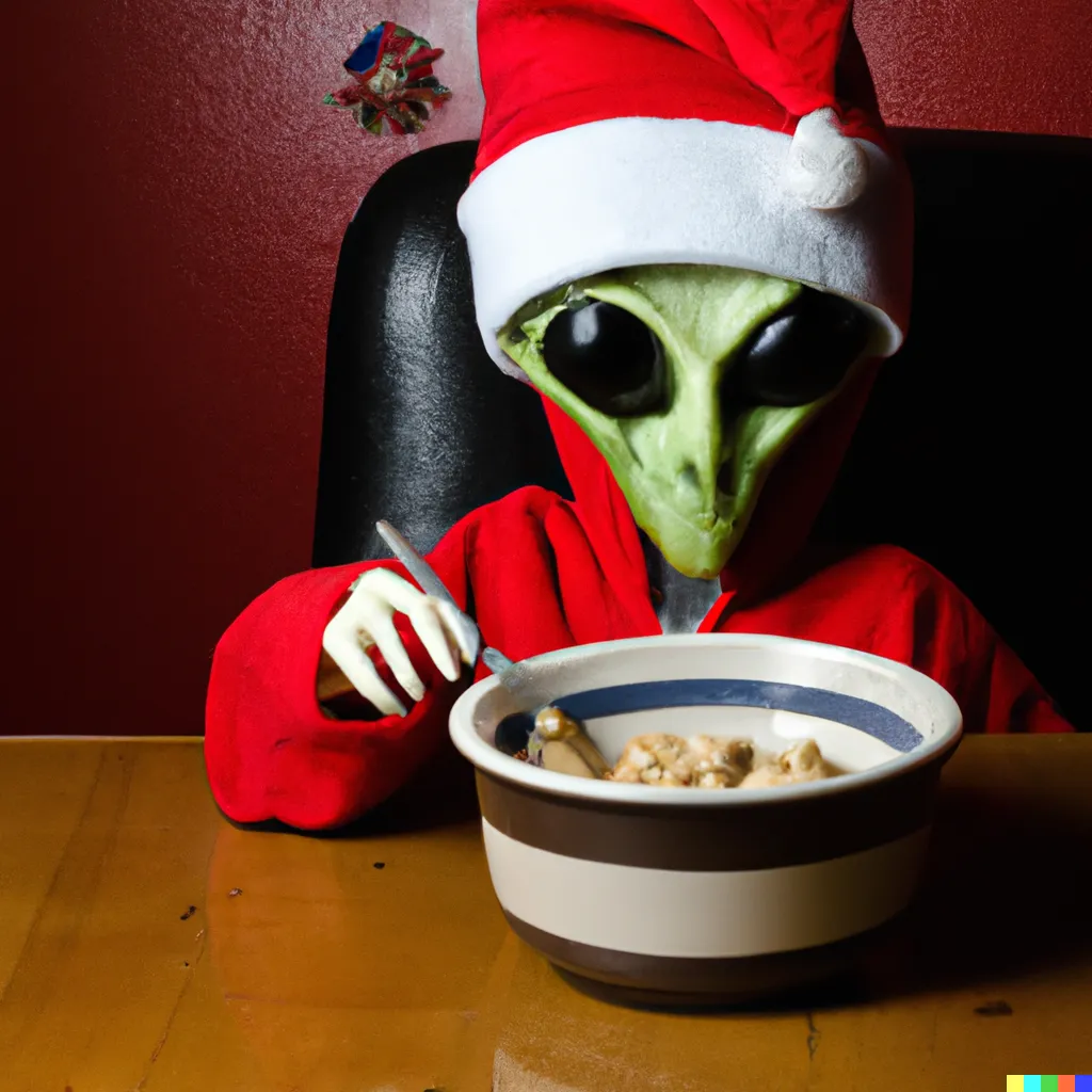 DALL·E 2022-10-02 21.11.58 - An alien with a santa hood eating cereal while listening to korn .png
