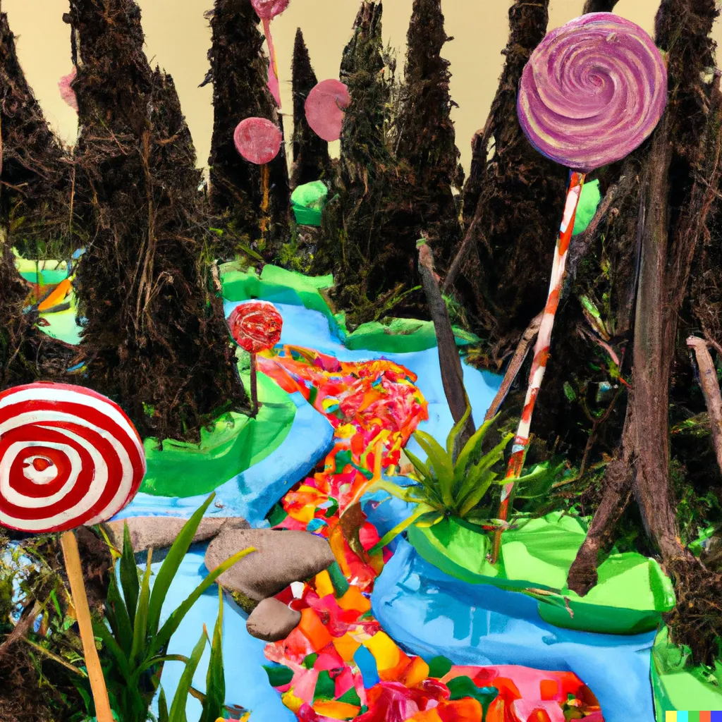 DALL·E 2023-02-06 00.43.00 - A forest made of candy and sweets, where tree-sized lollipops provide shade and rivers made of syrup flow through the underbrush..png