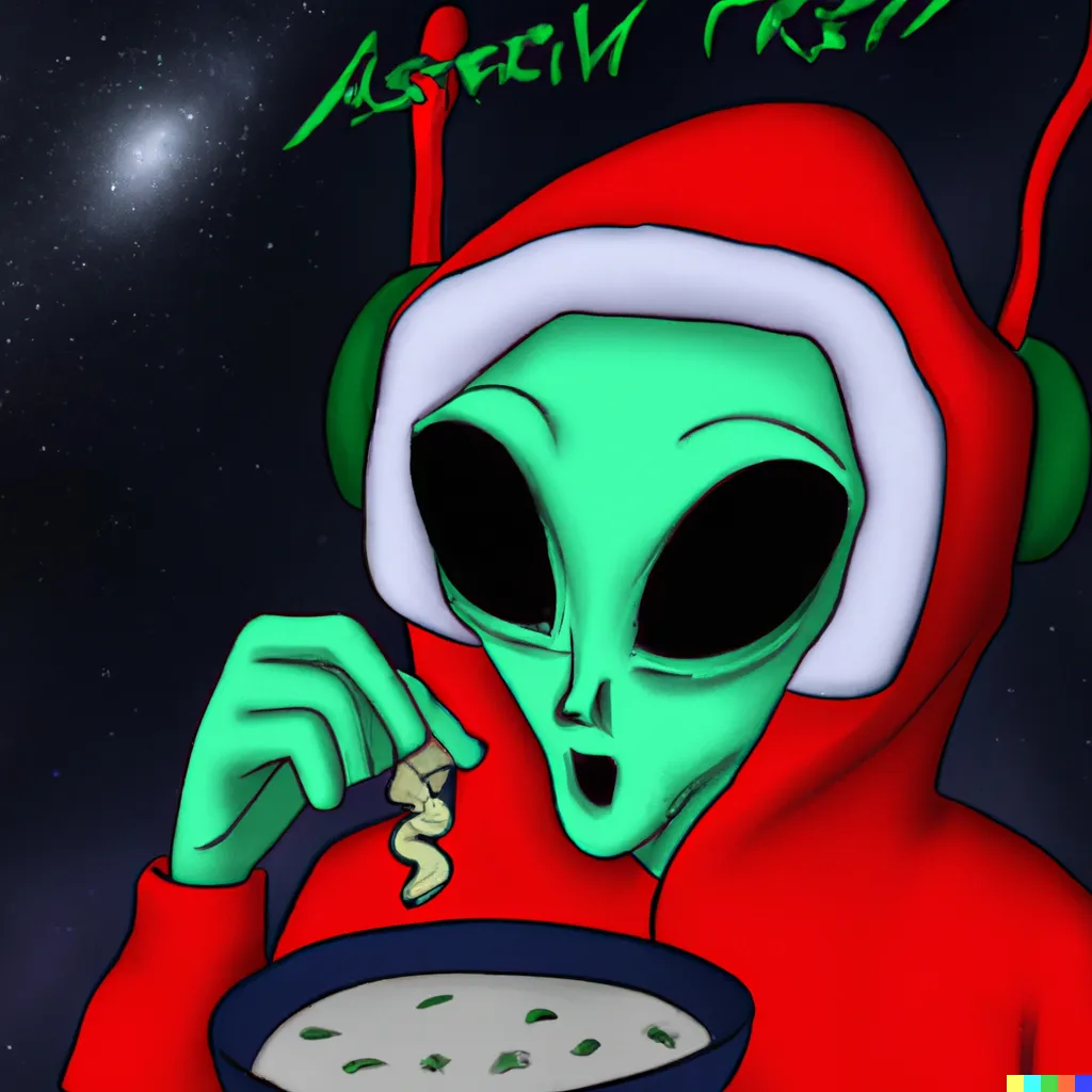 DALL·E 2022-10-02 21.12.17 - An alien with a santa hood eating cereal while listening to korn .png