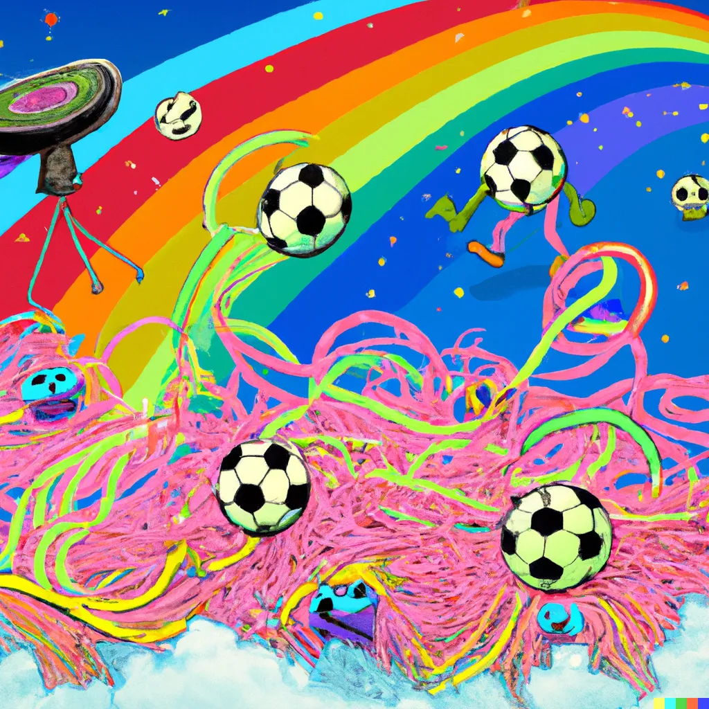 DALL·E 2023-02-06 00.13.41 - Spaghetti monsters playing soccer on a rainbow cotton candy planet with bouncing eyeball fans..png