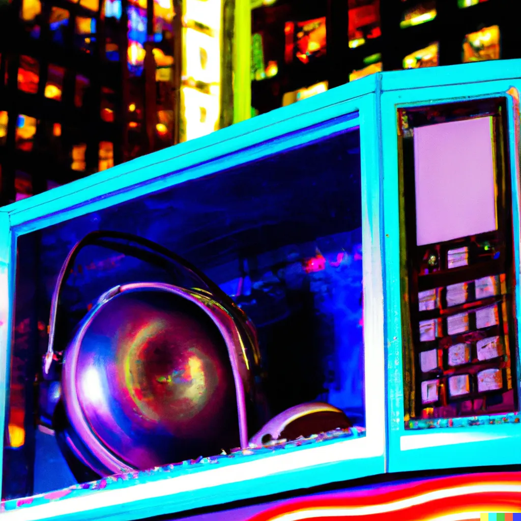 DALL·E 2022-10-02 21.19.36 - psychedelic microwave wearing headphones in time square.png