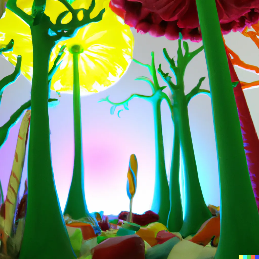 DALL·E 2023-02-06 00.42.50 - A forest made of candy and sweets, where tree-sized lollipops provide shade and rivers made of syrup flow through the underbrush..png