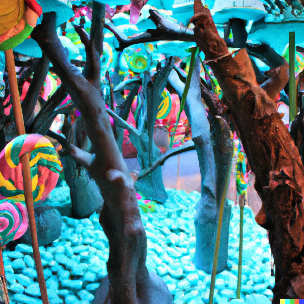 DALL·E 2023-02-06 00.43.18 - A forest made of candy and sweets, where tree-sized lollipops provide shade and rivers made of syrup flow through the underbrush..png